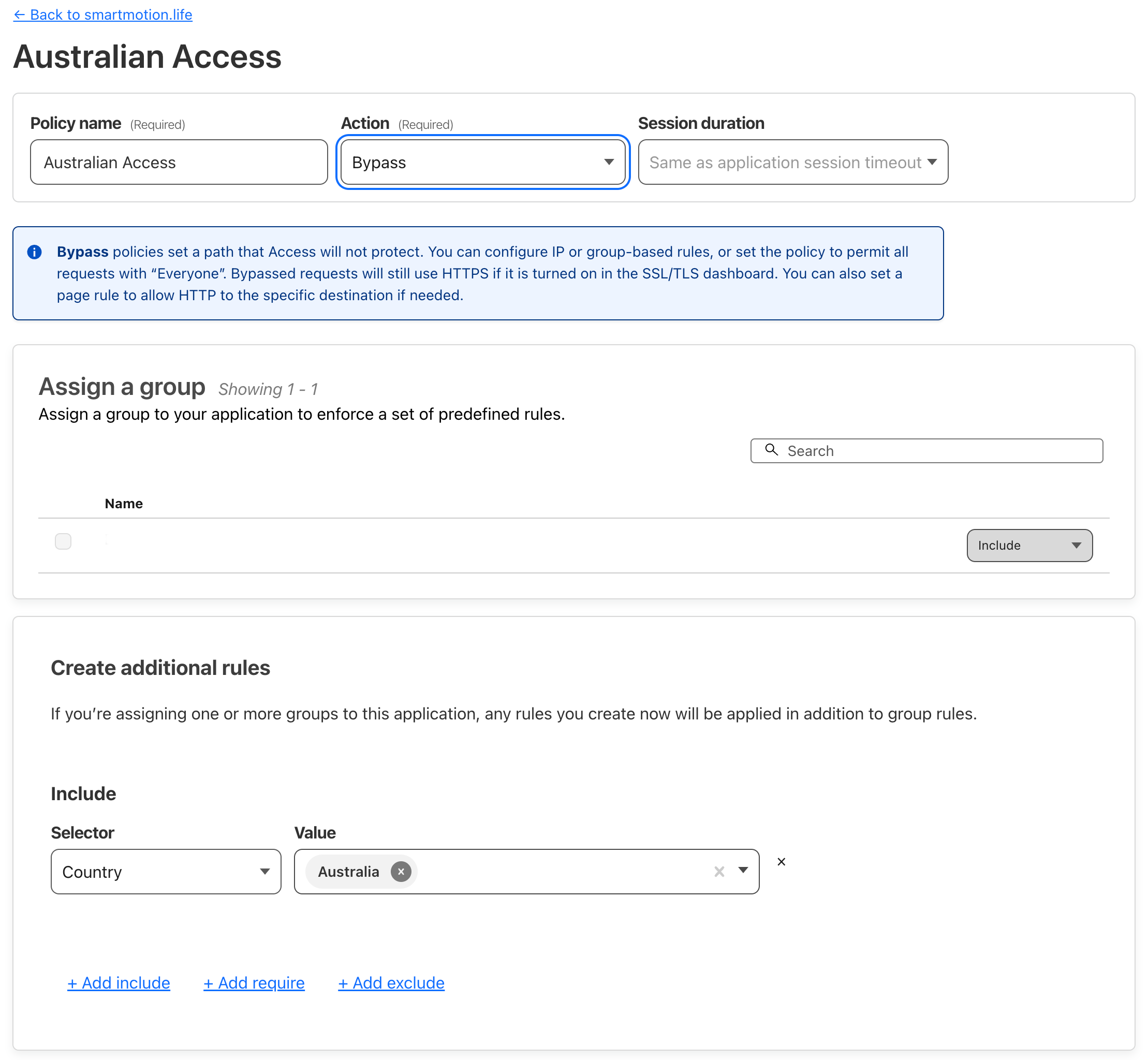 Cloudflare Application Security Bypass action for Country Australia