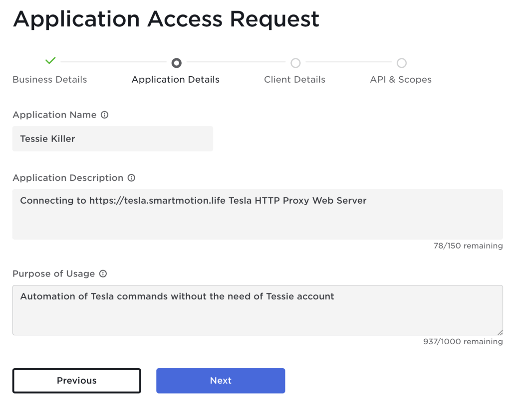 Tesla Custom Integration Tesla Application Access Request Description