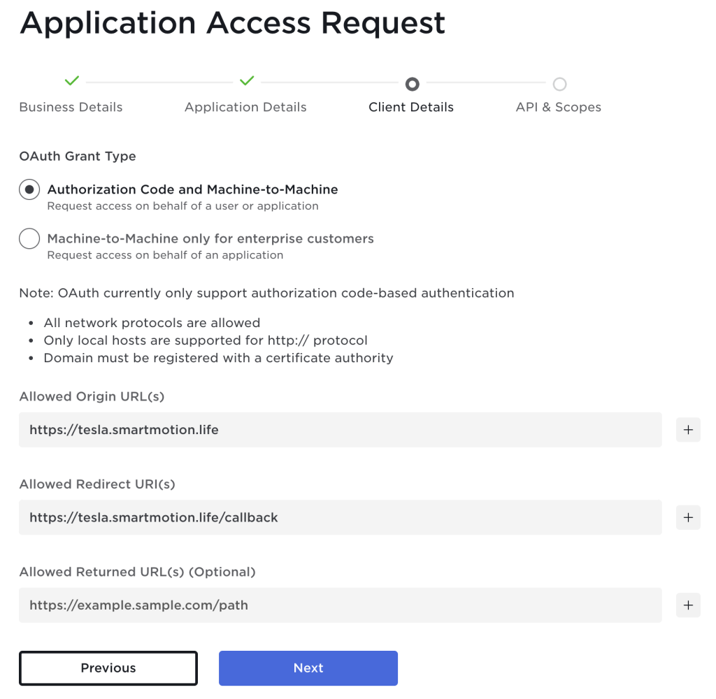 Tesla Application Access Request Client Details
