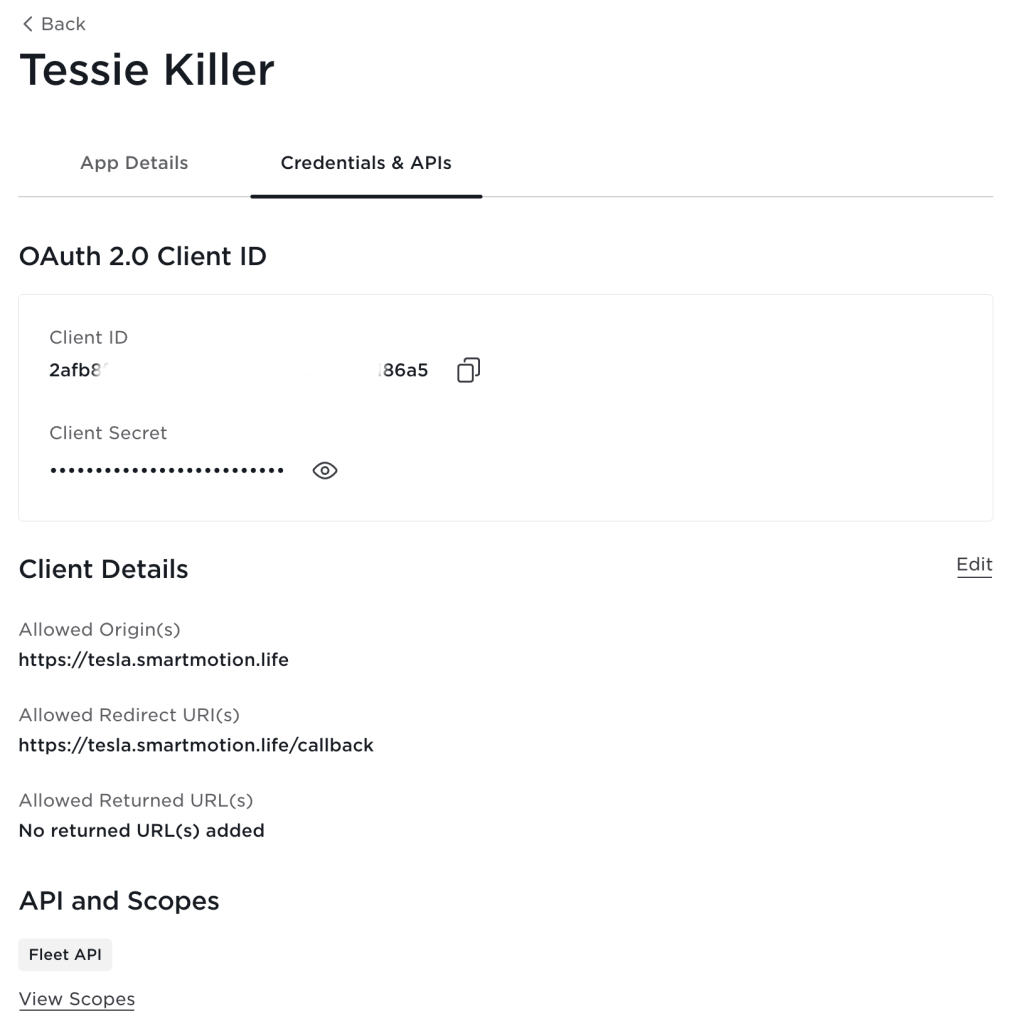 Tesla Custom Integration Tessie Killer Credentials & APIs
